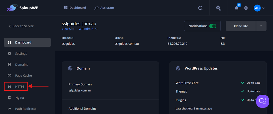 SpinUpWP Dashboard Navigate to HTTPS